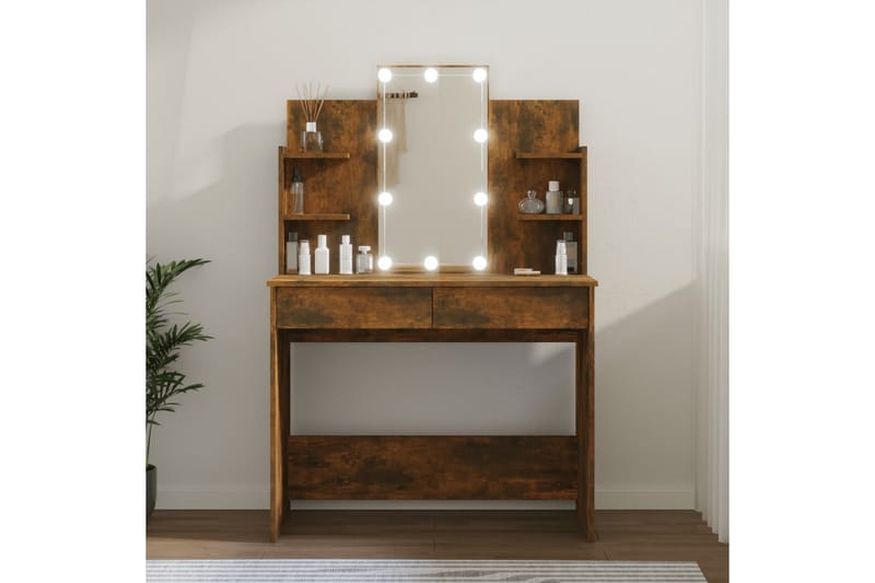 beBasic Sminkbord med LED rökfärgad ek 96x40x142 cm - Brown - Sminkbord & toalettbord