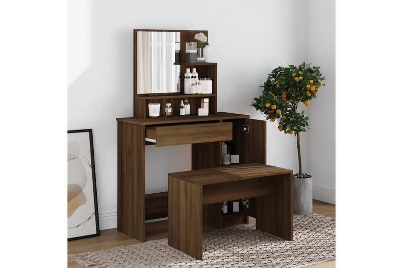 beBasic Sminkbord med spegel brun ek 86,5x35x136 cm - Brown - Sminkbord & toalettbord