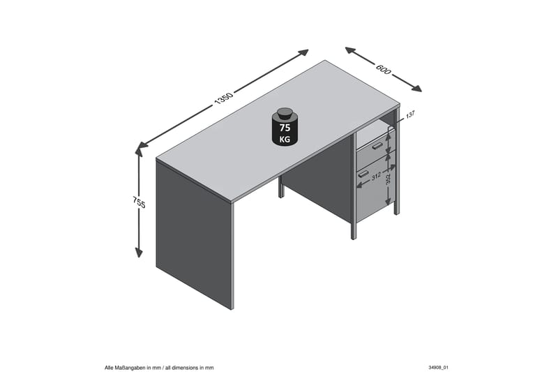 Kaech Skrivbord 135 cm med Förvaring Låda + Skåp - Brun/Svart - Skrivbord