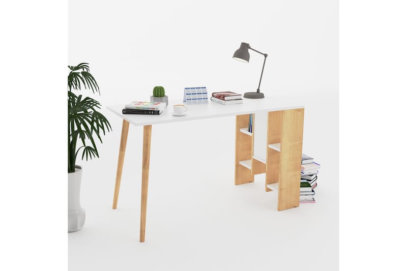Keachi Vito Skrivbord 120 cm med Förvaring Hyllor - Natur/Vit - Höj och sänkbart skrivbord - Skrivbord - Datorbord