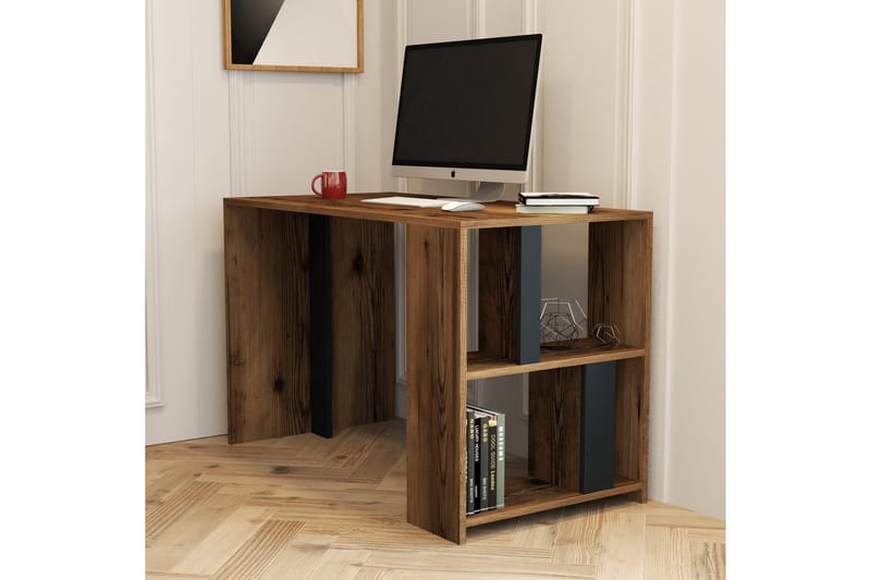 Timiza Skrivbord 120 cm med Förvaring Hylla - Valnötsbrun/Antracit - Höj och sänkbart skrivbord - Skrivbord - Datorbord