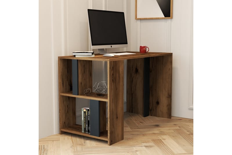 Timiza Skrivbord 120 cm med Förvaring Hylla - Valnötsbrun/Antracit - Höj och sänkbart skrivbord - Skrivbord - Datorbord