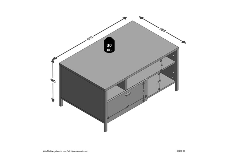 Guerreo Soffbord 95 cm med Förvaring Hyllor + Låda - Brun/Svart - Soffbord