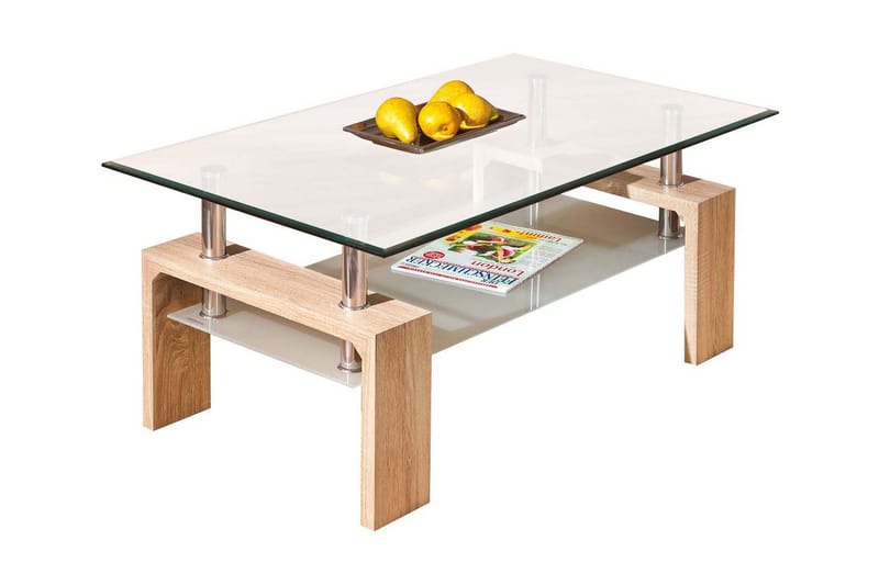 Gylle Soffbord 100 cm med Förvaring Hylla - Glas/Vit/Natur - Soffbord - Klaffbord & Hopfällbart bord - Spegelbord - Soffbord med förvaring - Soffbord med hjul - Höj och sänkbart soffbord