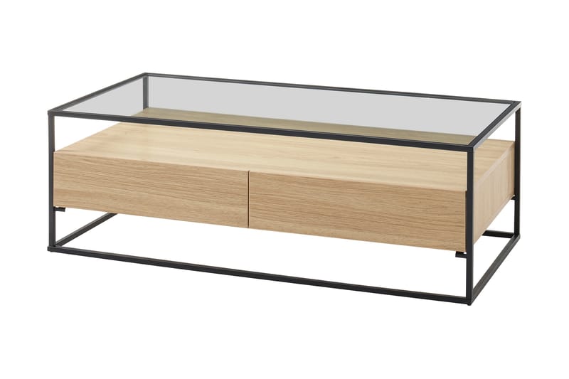 Karysma Soffbord 120 cm med Förvaring 2 Lådor + Hylla - Glas/Ekdekor/Svart - Soffbord