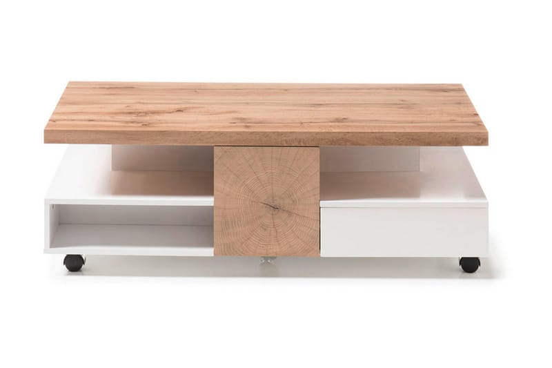 Rennese Soffbord 120 cm med Förvaring Hyllor på Hjul - Vit/Natur - Soffbord - Klaffbord & Hopfällbart bord - Soffbord med förvaring - Soffbord med hjul - Höj och sänkbart soffbord