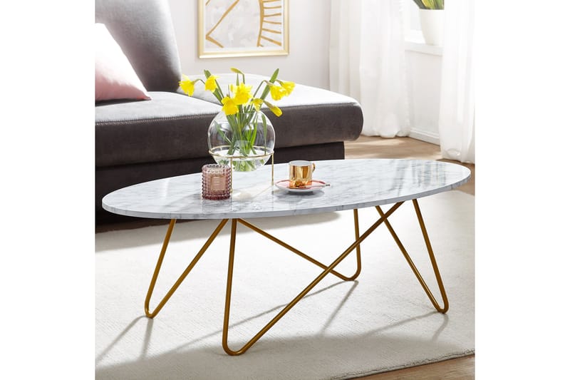 Willowdale Soffbord 120 cm Ovalt - Vit/Guld - Klaffbord & Hopfällbart bord - Soffbord - Soffbord med förvaring - Soffbord med hjul - Höj och sänkbart soffbord
