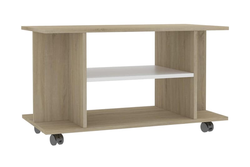 TV-bänk med hjul vit och sonoma-ek 80x40x40 cm spånskiva - Vit/Ek - Möbler - Tv möbel & mediamöbel - TV bänk & mediabänk