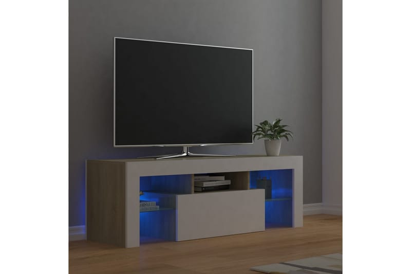 TV-bänk med LED-belysning vit och sonoma-ek 120x35x40 cm - Vit - Möbler - Tv möbel & mediamöbel - TV bänk & mediabänk