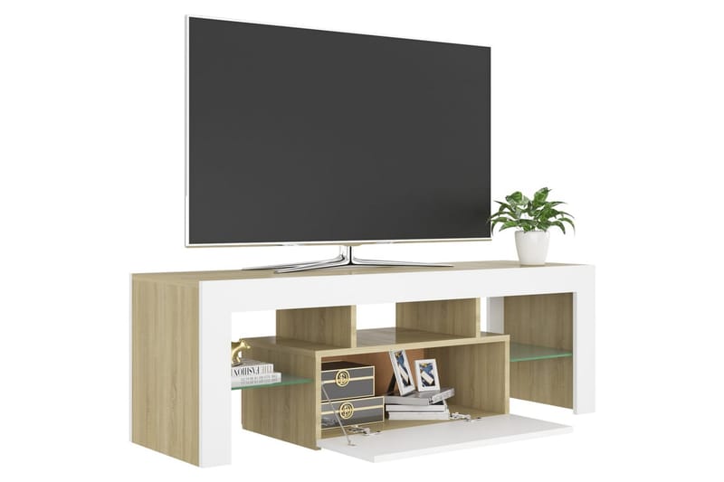 TV-bänk med LED-belysning vit och sonoma-ek 120x35x40 cm - Vit - Möbler - Tv möbel & mediamöbel - TV bänk & mediabänk