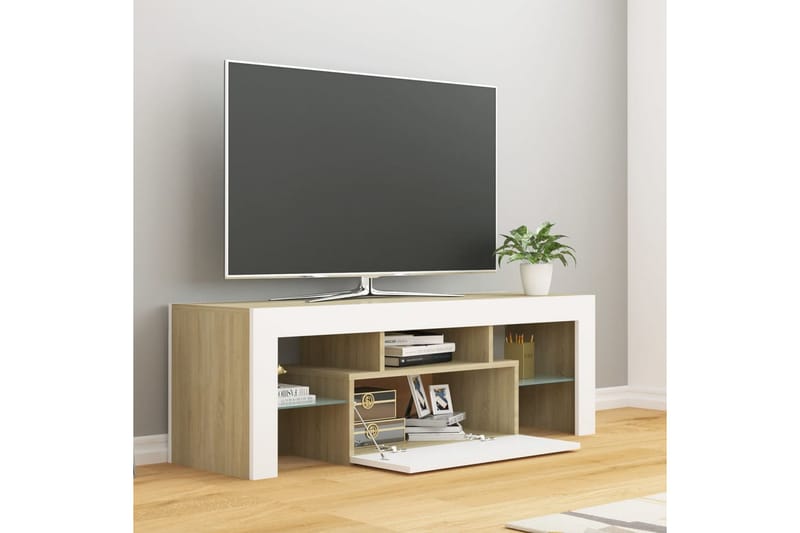 TV-bänk med LED-belysning vit och sonoma-ek 120x35x40 cm - Vit - Möbler - Tv möbel & mediamöbel - TV bänk & mediabänk