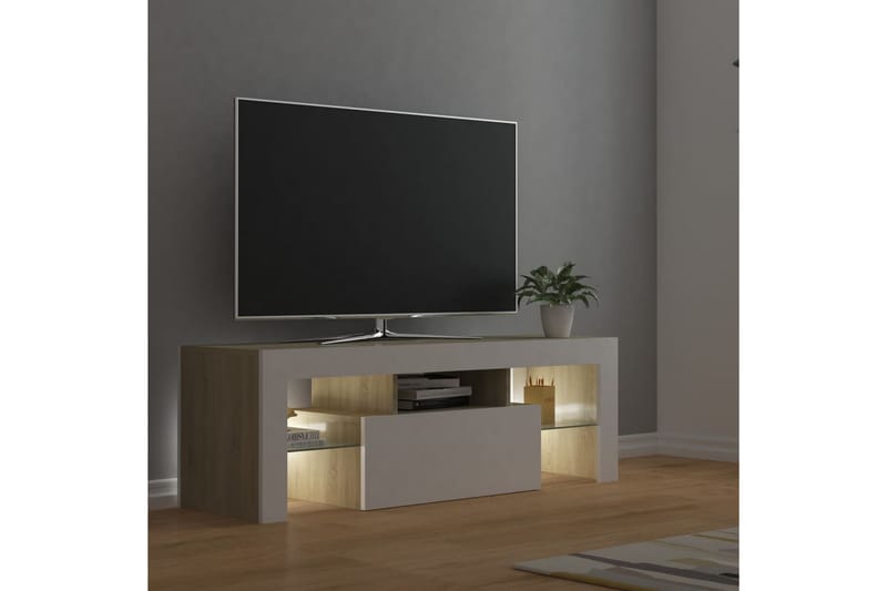 TV-bänk med LED-belysning vit och sonoma-ek 120x35x40 cm - Vit - Möbler - Tv möbel & mediamöbel - TV bänk & mediabänk