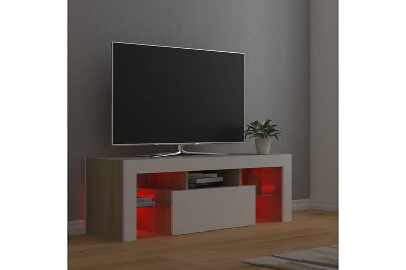 TV-bänk med LED-belysning vit och sonoma-ek 120x35x40 cm - Vit - Möbler - Tv möbel & mediamöbel - TV bänk & mediabänk