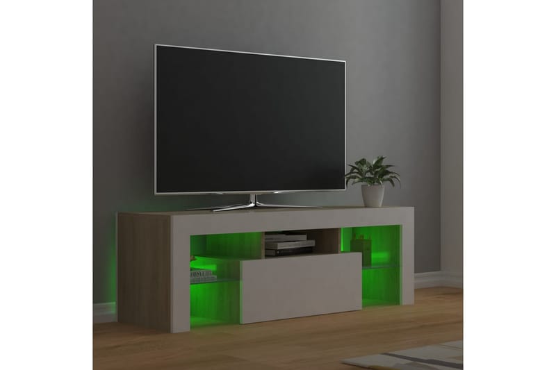 TV-bänk med LED-belysning vit och sonoma-ek 120x35x40 cm - Vit - Möbler - Tv möbel & mediamöbel - TV bänk & mediabänk