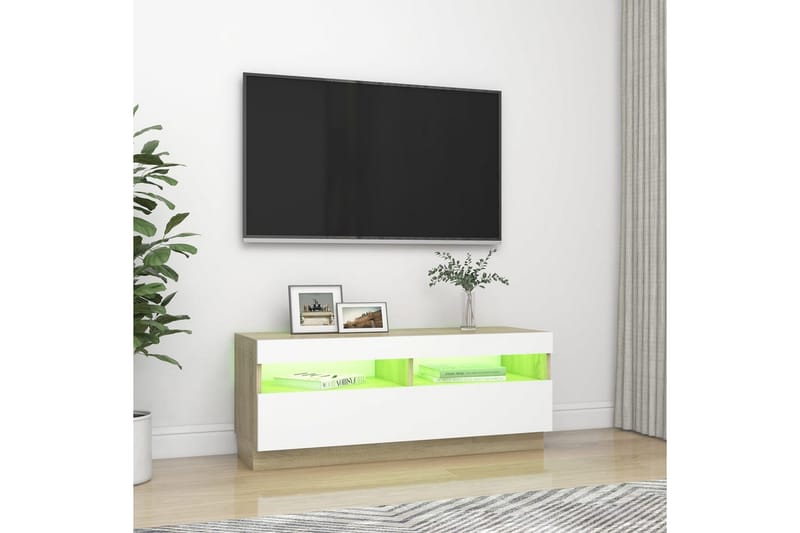 TV-bänk med LED-belysning vit och sonoma-ek 100x35x40 cm - Vit - Möbler - Tv möbel & mediamöbel - TV bänk & mediabänk