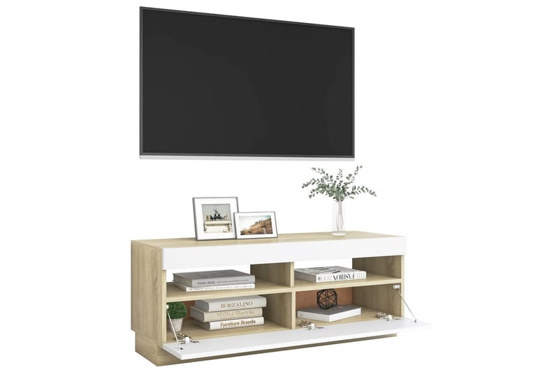 TV-bänk med LED-belysning vit och sonoma-ek 100x35x40 cm - Vit - Möbler - Tv möbel & mediamöbel - TV bänk & mediabänk