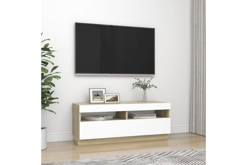 TV-bänk med LED-belysning vit och sonoma-ek 100x35x40 cm - Vit - Möbler - Tv möbel & mediamöbel - TV bänk & mediabänk