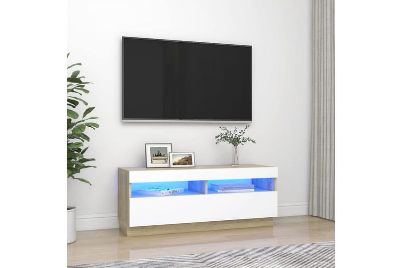 TV-bänk med LED-belysning vit och sonoma-ek 100x35x40 cm - Vit - Möbler - Tv möbel & mediamöbel - TV bänk & mediabänk