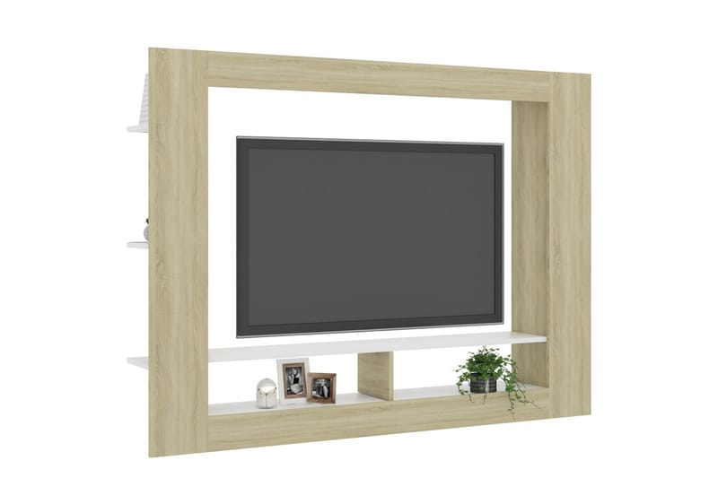 TV-bänk vit och sonoma-ek 152x22x113 cm spånskiva - Brun - TV bänk & mediabänk