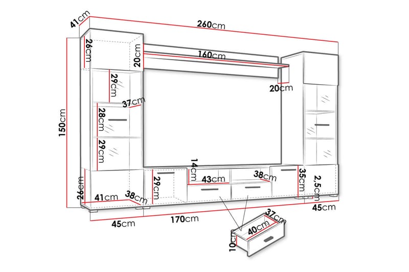 Apryl Modern TV Mediamöbel med Vitrinskåp och LED-belysning 260 cm bred 150 cm hög - Svart / Trä / Glas - Möbler - Tv möbel & mediamöbel - TV-möbelset