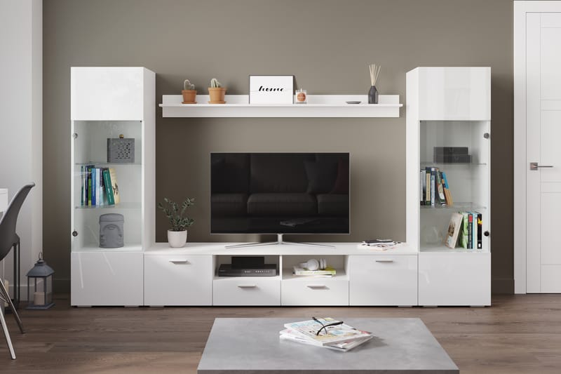 Mellon Tv-Möbelset med Förvaring + Hyllor 41x260 cm - Glas / Vit - Möbler - Tv möbel & mediamöbel - TV-möbelset