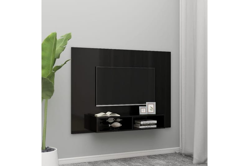 Väggmonterat tv-skåp svart högglans 135x23,5x90 cm spånskiva - Svart - TV skåp