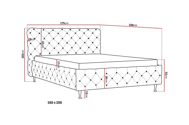 Chesterfield Komplett Sängpaket Sängram med Madrass 160x200 cm - Grå - Möbler - Säng - Komplett sängpaket