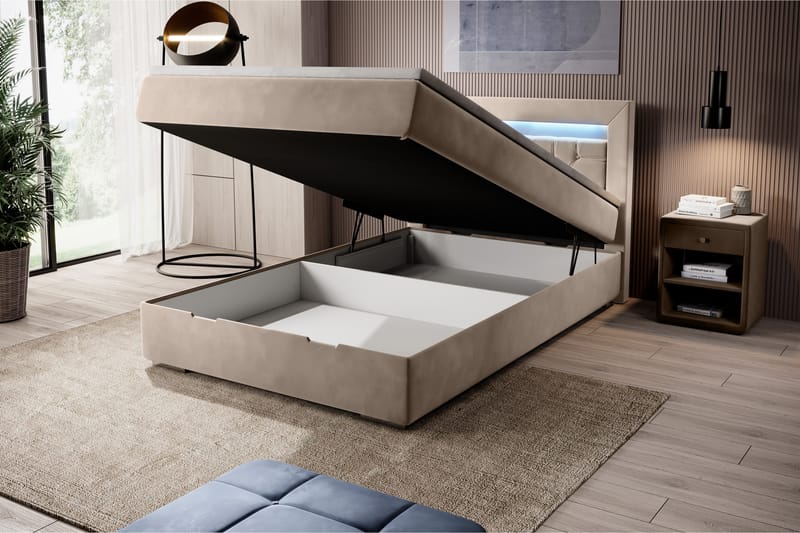 Franco Sängpaket med förvaring 120x200 LED-belysning - 120x200 Beige (+Fler val) - Komplett sängpaket - Sängar med förvaring - Dubbelsäng - Familjesäng