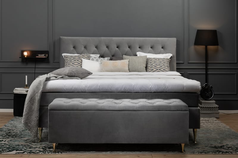 Royal Velvet Komplett Sängpaket 160x200 - Ljusgrå med Låga Svarvade ben - Komplett sängpaket - Kontinentalsäng - Dubbelsäng