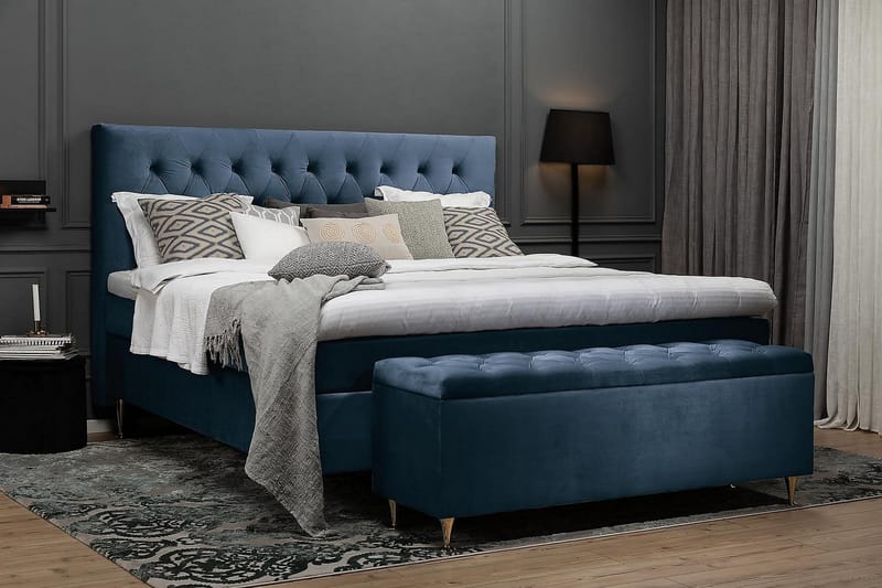 Royal Velvet Komplett Sängpaket 180x200 - Mörkblå med Höga Silverben - Kontinentalsäng - Dubbelsäng