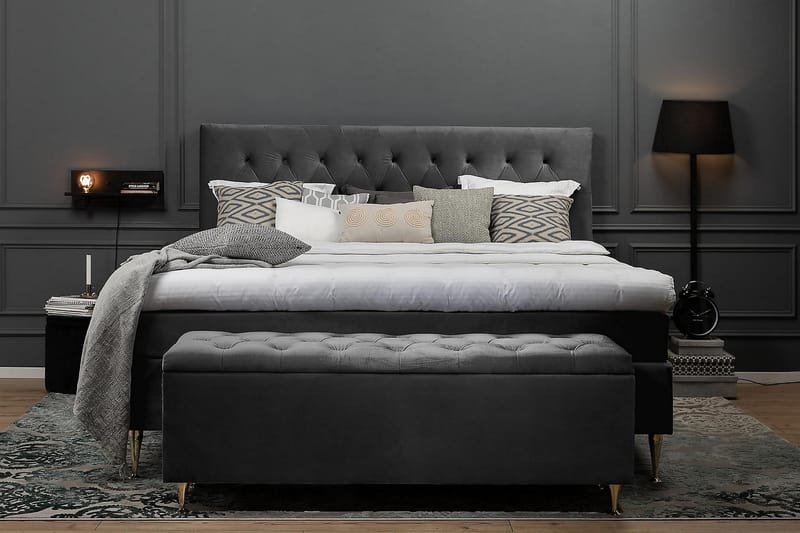 Royal Velvet Komplett Sängpaket 180x200 - Mörkgrå med Höga Silverben - Komplett sängpaket - Kontinentalsäng - Dubbelsäng