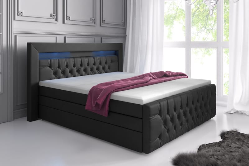 Franco Lyx Sängpaket 180x200LED-belysning - Svart/Konstläder - Komplett sängpaket - Sängar med förvaring - Dubbelsäng