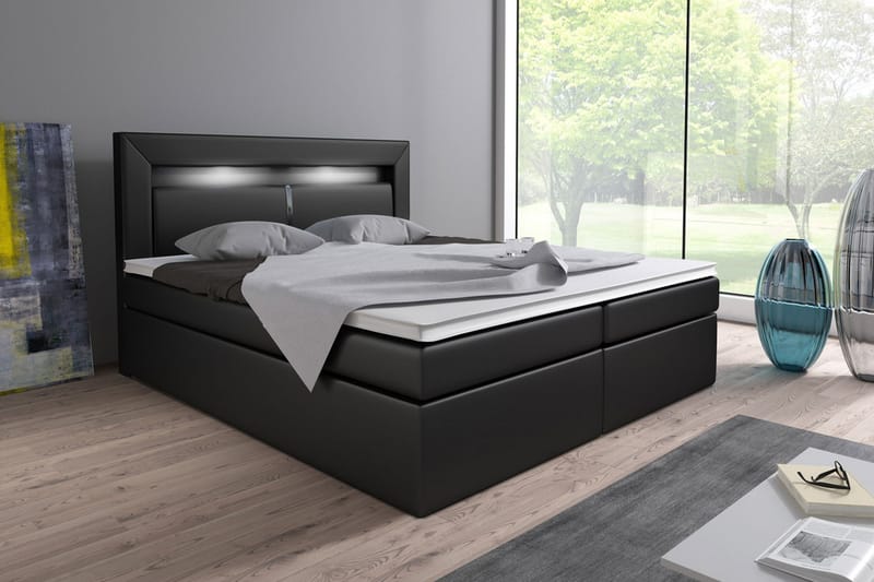 Modena Sängpaket 160x200 med Förvaring+LED Sänggavel - Svart - Komplett sängpaket - Sängar med förvaring - Dubbelsäng