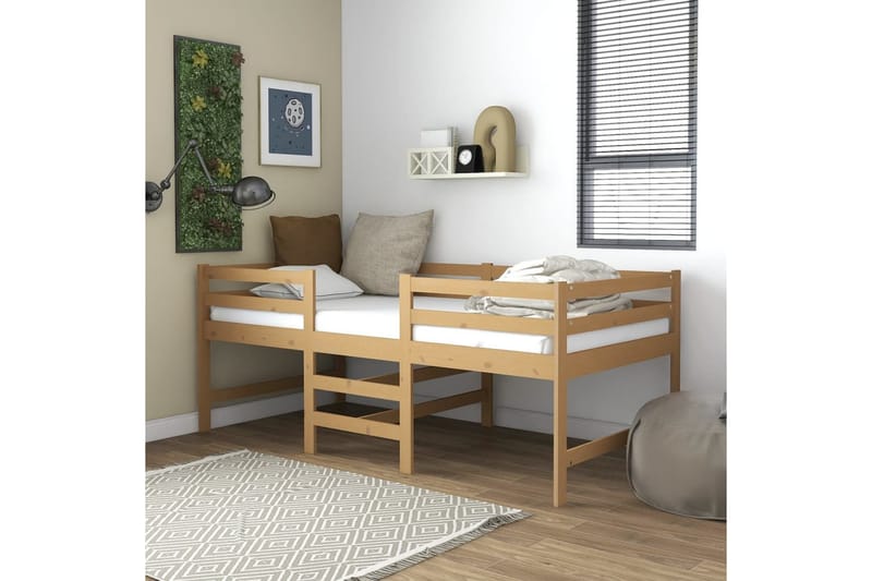 Medelhög säng med madrass 90x200 cm honungsbrun massiv furu - Brun - Sängram & sängstomme