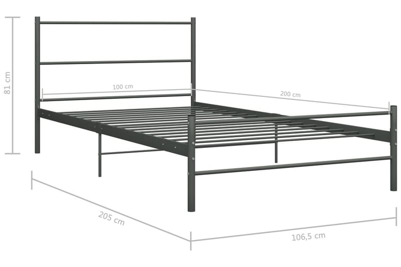 Sängram grå metall 100x200 cm - Grå - Sängram & sängstomme