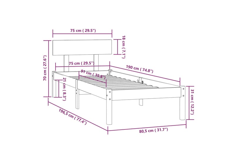 Sängram massiv furu 75x190 cm - Brun - Möbler - Säng - Sängram & sängstomme