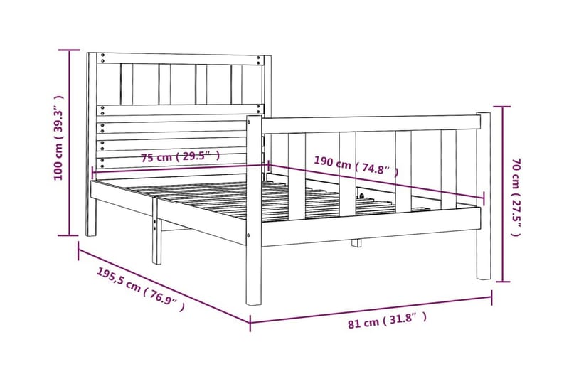 Sängram massiv furu 75x190 cm liten enkelsäng - Brun - Möbler - Säng - Sängram & sängstomme