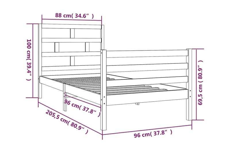 Sängram massivt furu 90x200 cm - Brun - Sängram & sängstomme
