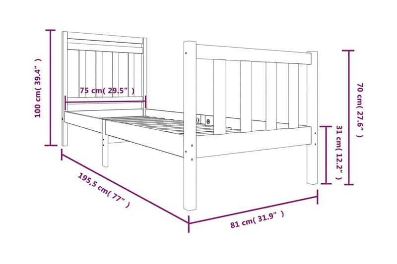 Sängram massivt trä 75x190 cm liten enkelsäng - Brun - Möbler - Säng - Sängram & sängstomme