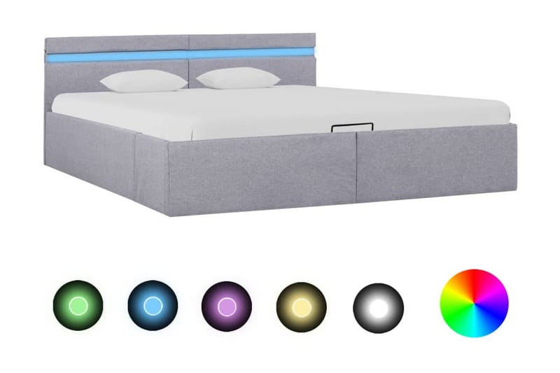 Sängram med hydraulisk förvaring och LED ljusgrå tyg 180x200 - Grå - Sängram & sängstomme