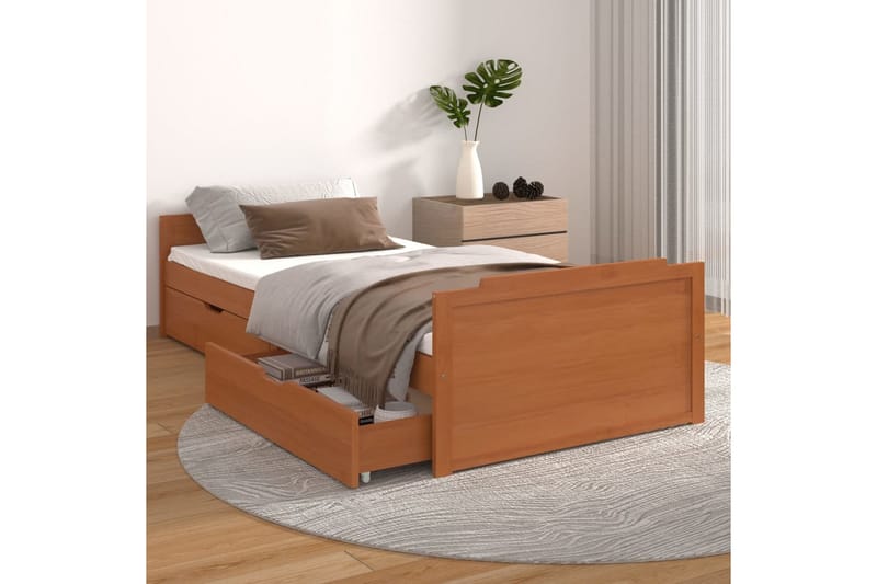 Sängram med lådor honungsbrun massiv furu 90x200 cm - Honung - Sängram & sängstomme