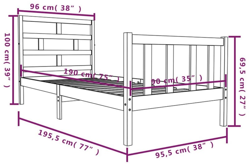 Sängram svart massivt furu 90x190 cm enkelsäng - Svart - Möbler - Säng - Sängram & sängstomme