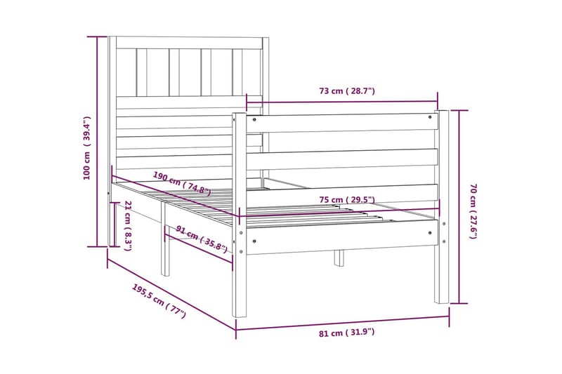 Sängram vit massivt trä 75x190 cm liten enkelsäng - Vit - Möbler - Säng - Sängram & sängstomme