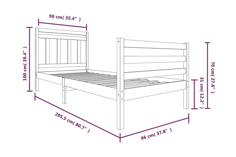 Sängram vit massivt trä 90x200 cm - Vit - Möbler - Säng - Sängram & sängstomme