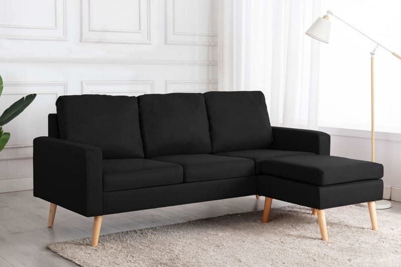 3-sitssoffa med fotpall svart tyg - Svart - 3 sits soffa