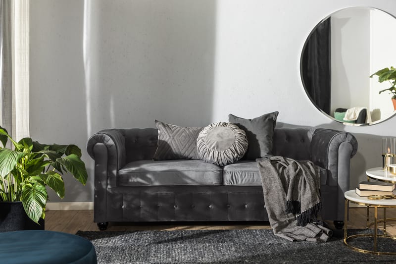 Chesterfield Deluxe 3-sits Framåtbäddad bäddsoffa i sammet - Mörkgrå Sammet - Möbler - Soffa - Bäddsoffa