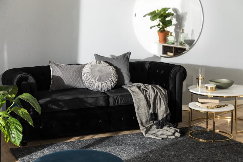 Chesterfield Lyx 3-sits Framåtbäddad bäddsoffa i Sammet - Svart - Möbler - Soffa - Bäddsoffa