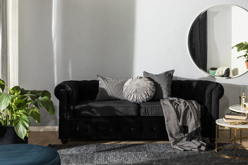 Chesterfield Lyx 3-sits Framåtbäddad bäddsoffa i Sammet - Svart - Möbler - Soffa - Bäddsoffa