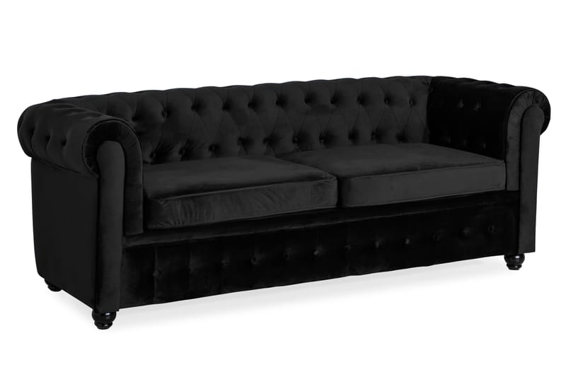 Chesterfield Lyx 3-sits Framåtbäddad bäddsoffa i Sammet - Svart - Möbler - Soffa - Bäddsoffa