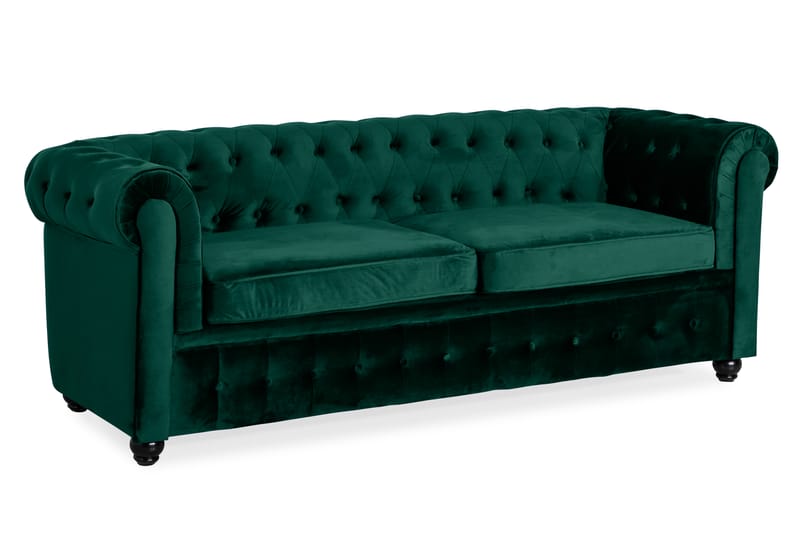 Chesterfield Lyx Framåtbäddad 3-sits Bäddsoffa i Sammet 215 cm bred - Mörkgrön / Grön - Möbler - Soffa - Bäddsoffa